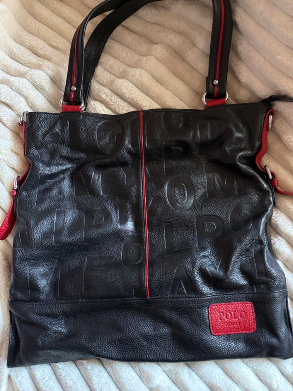 POLO Black Leather Tote with Red Trim Patch